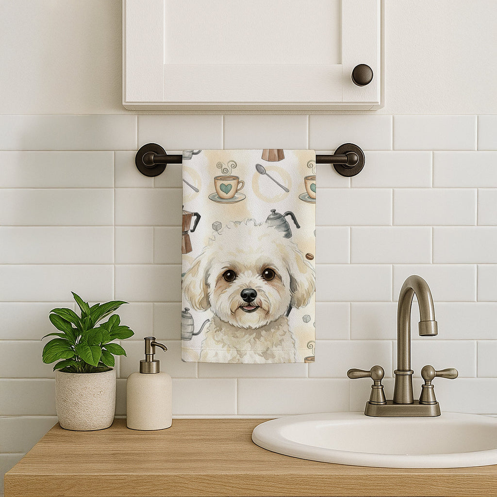 White and Cream Bichon Frise Coffee Bar Kitchen Towel Velour Plush Front and Cotton Loop Back Machine Washable