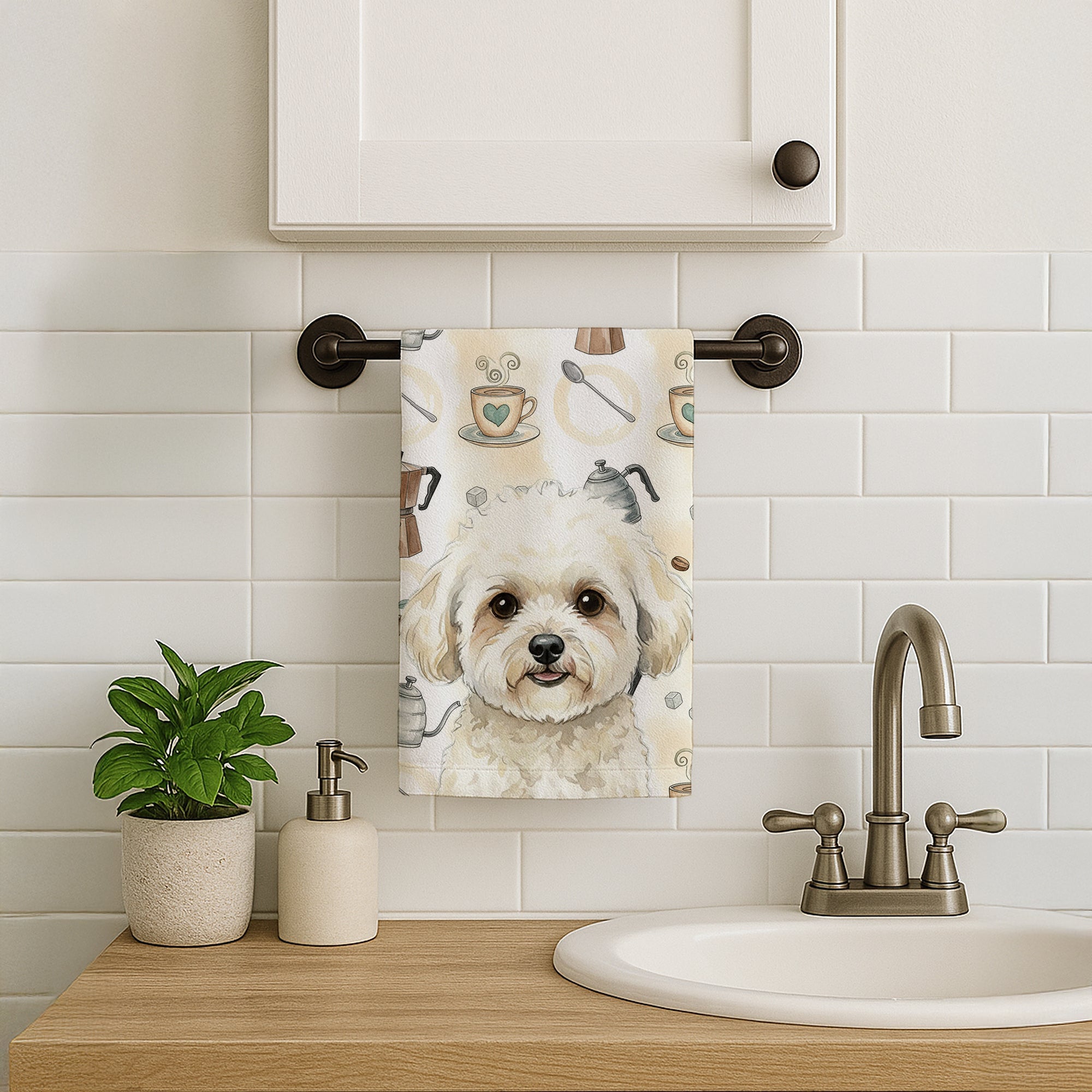 White and Cream Bichon Frise Coffee Bar Kitchen Towel Velour Plush Front and Cotton Loop Back Machine Washable