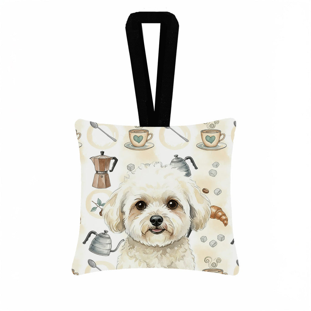 White and Cream Bichon Frise Coffee Bar Hanging Square Fabric Ornament 3.5 � 3.5 Decorative Door-Knob & Tree Hanger, Soft Fabric
