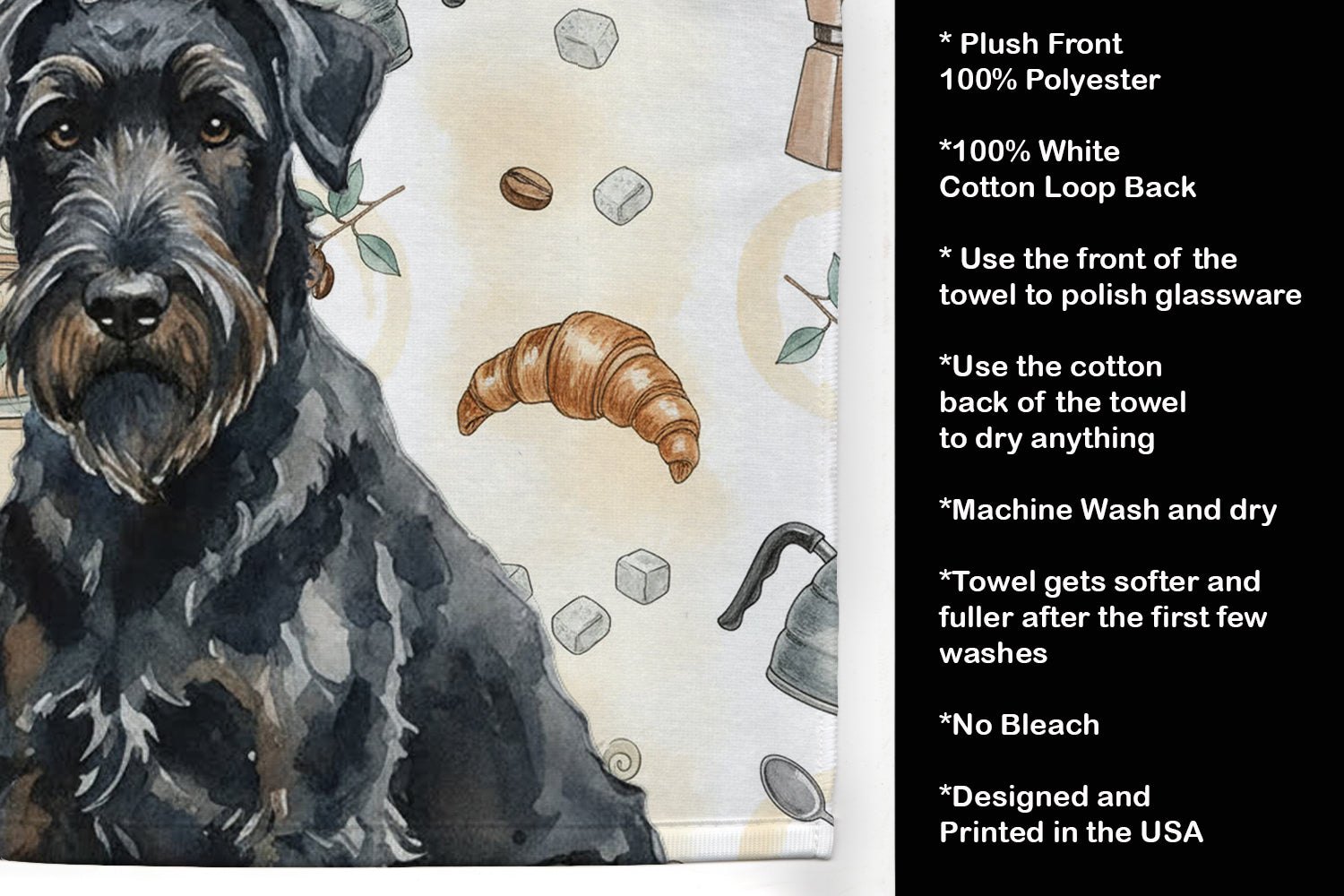 Black Russian Terrier Coffee Bar Kitchen Towel Velour Plush Front and Cotton Loop Back Machine Washable