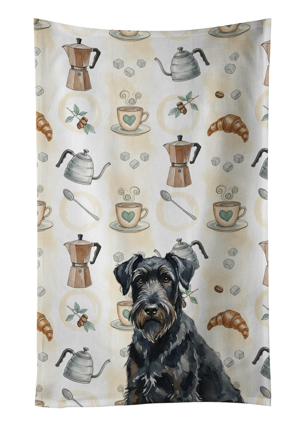Black Russian Terrier Coffee Bar Kitchen Towel Velour Plush Front and Cotton Loop Back Machine Washable