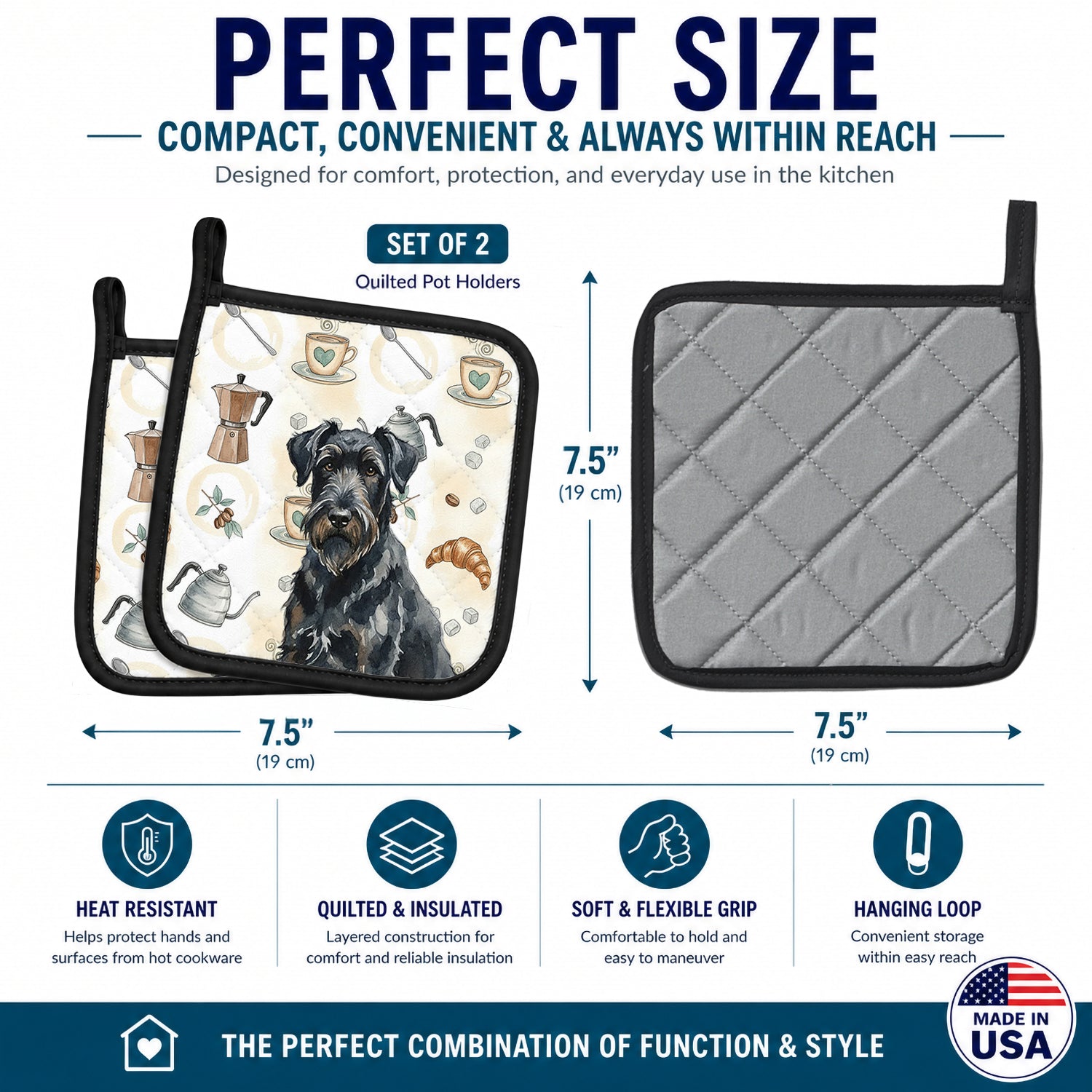 Black Russian Terrier Coffee Bar Pot Holder Set of 2 Heat Resistant Quilted Hot Pads 7.5 x 7.5 Inch, Insulated Kitchen Trivets for Cooking & Baking