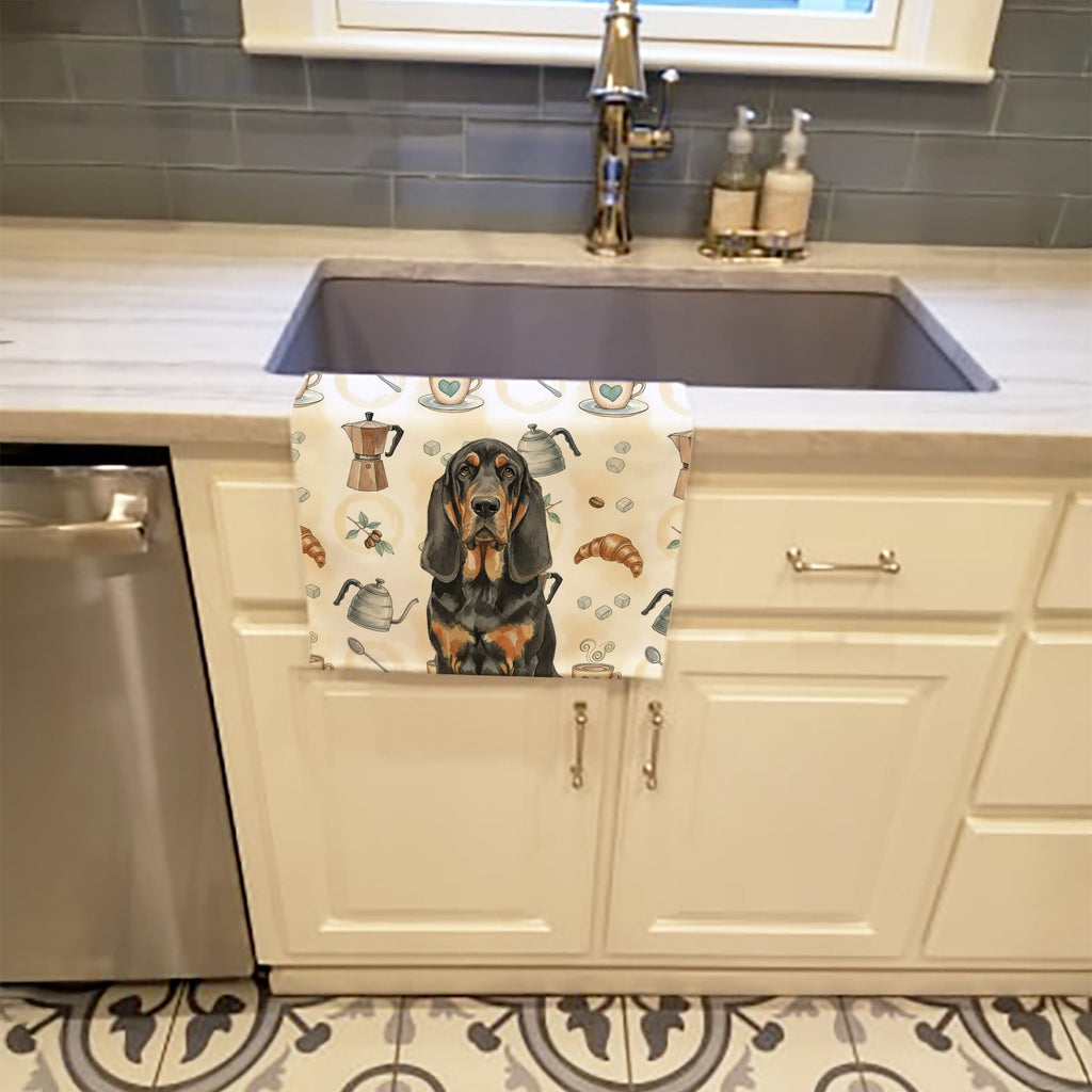 Black and Tan Bloodhound Coffee Bar Kitchen Towel Velour Plush Front and Cotton Loop Back Machine Washable