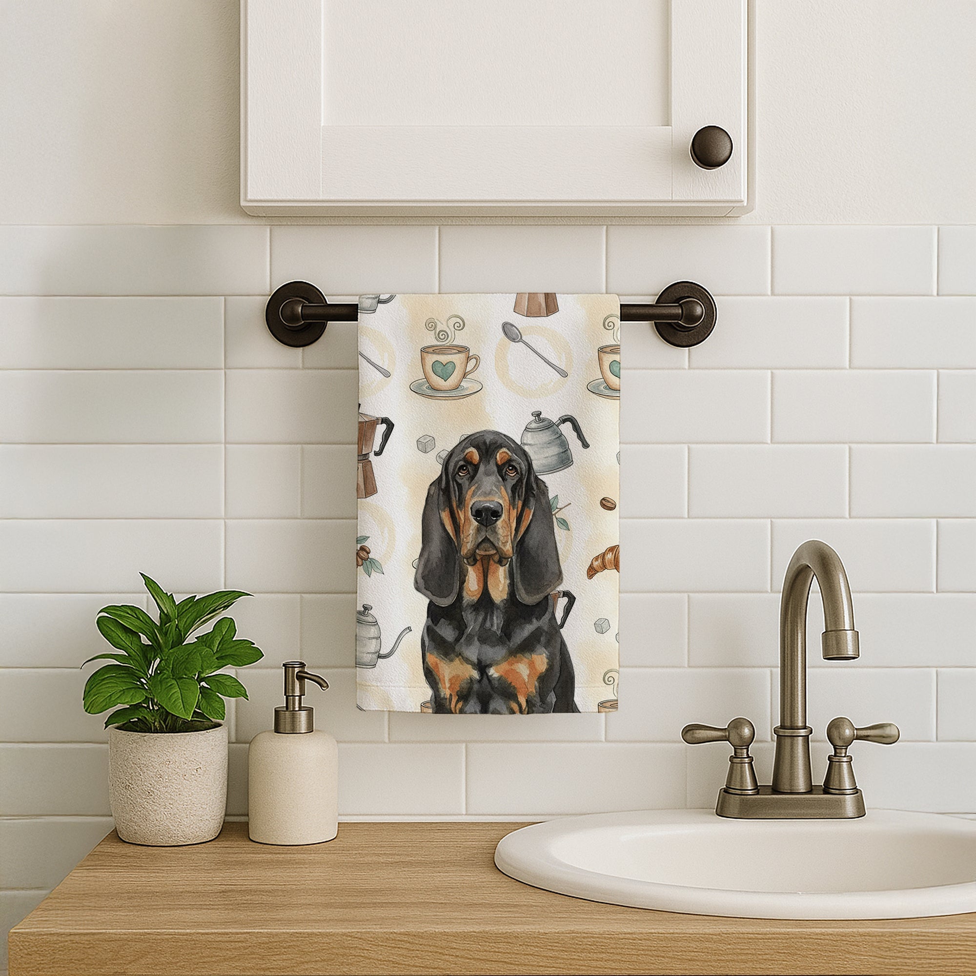 Black and Tan Bloodhound Coffee Bar Kitchen Towel Velour Plush Front and Cotton Loop Back Machine Washable