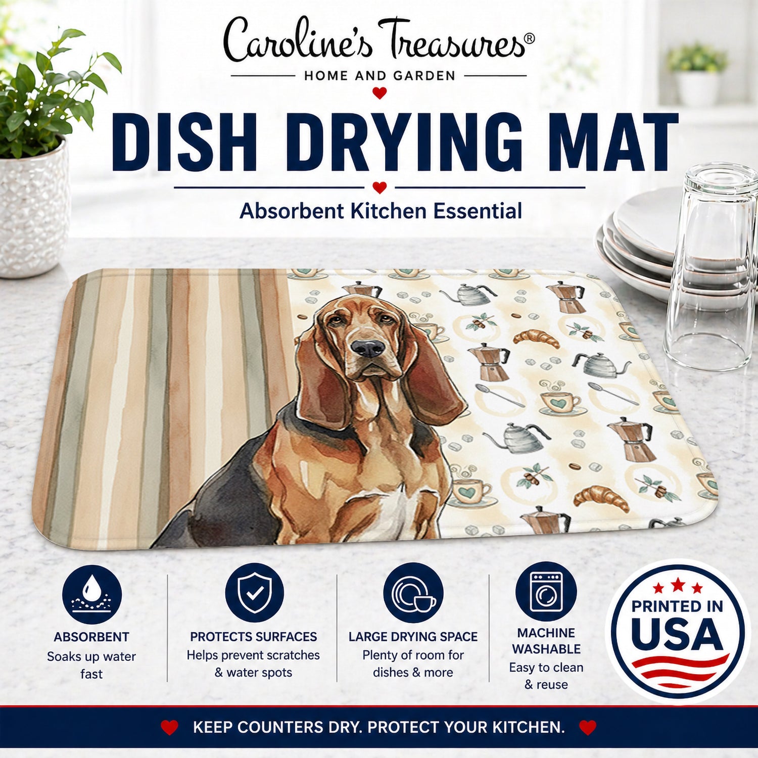 Liver and Tan Bloodhound Coffee Bar Dish Drying Mat Absorbent Dish Drying Mat Pad for Kitchen Counter Dish Drainer Mat for Countertop, 14 x 21", Multicolor