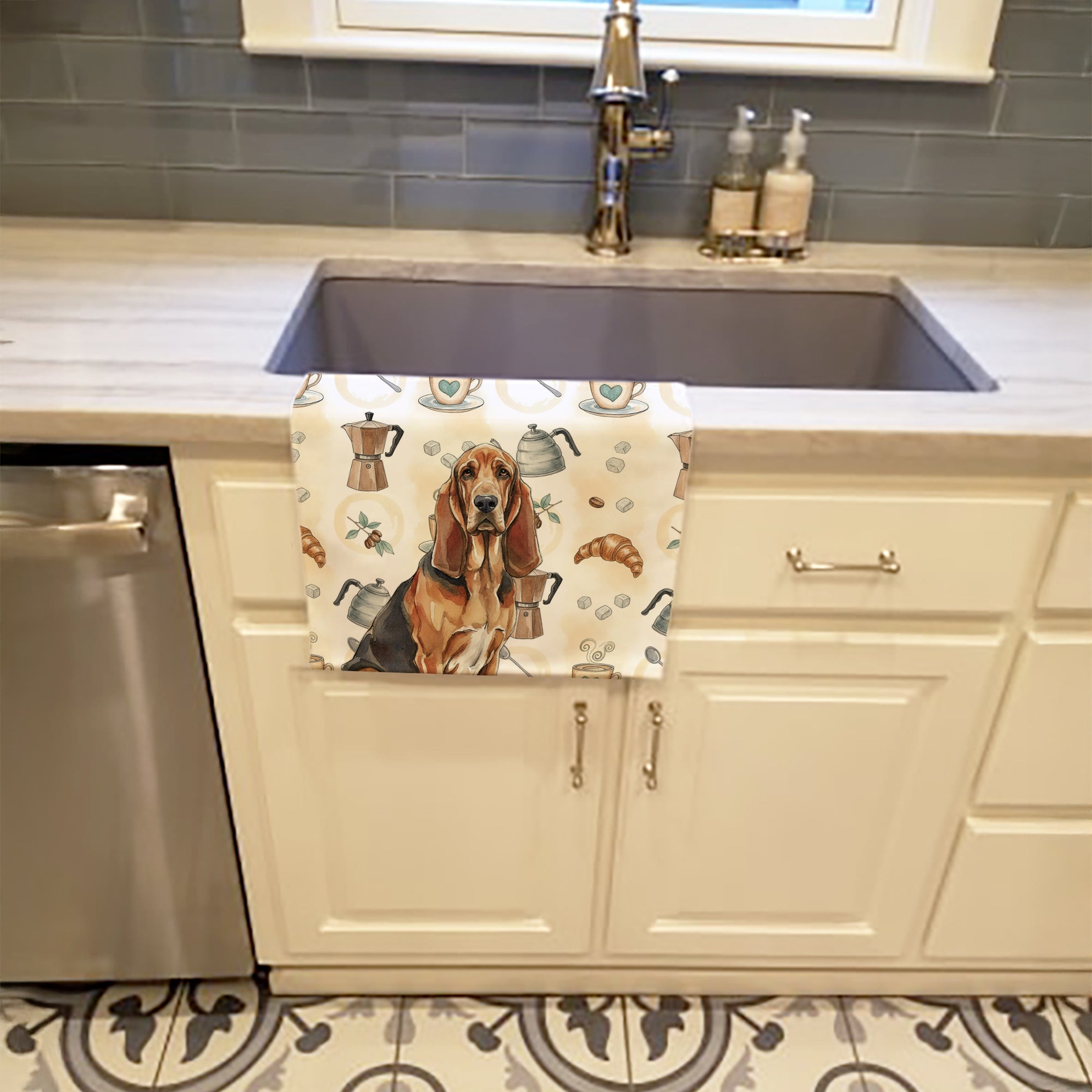 Liver and Tan Bloodhound Coffee Bar Kitchen Towel Velour Plush Front and Cotton Loop Back Machine Washable