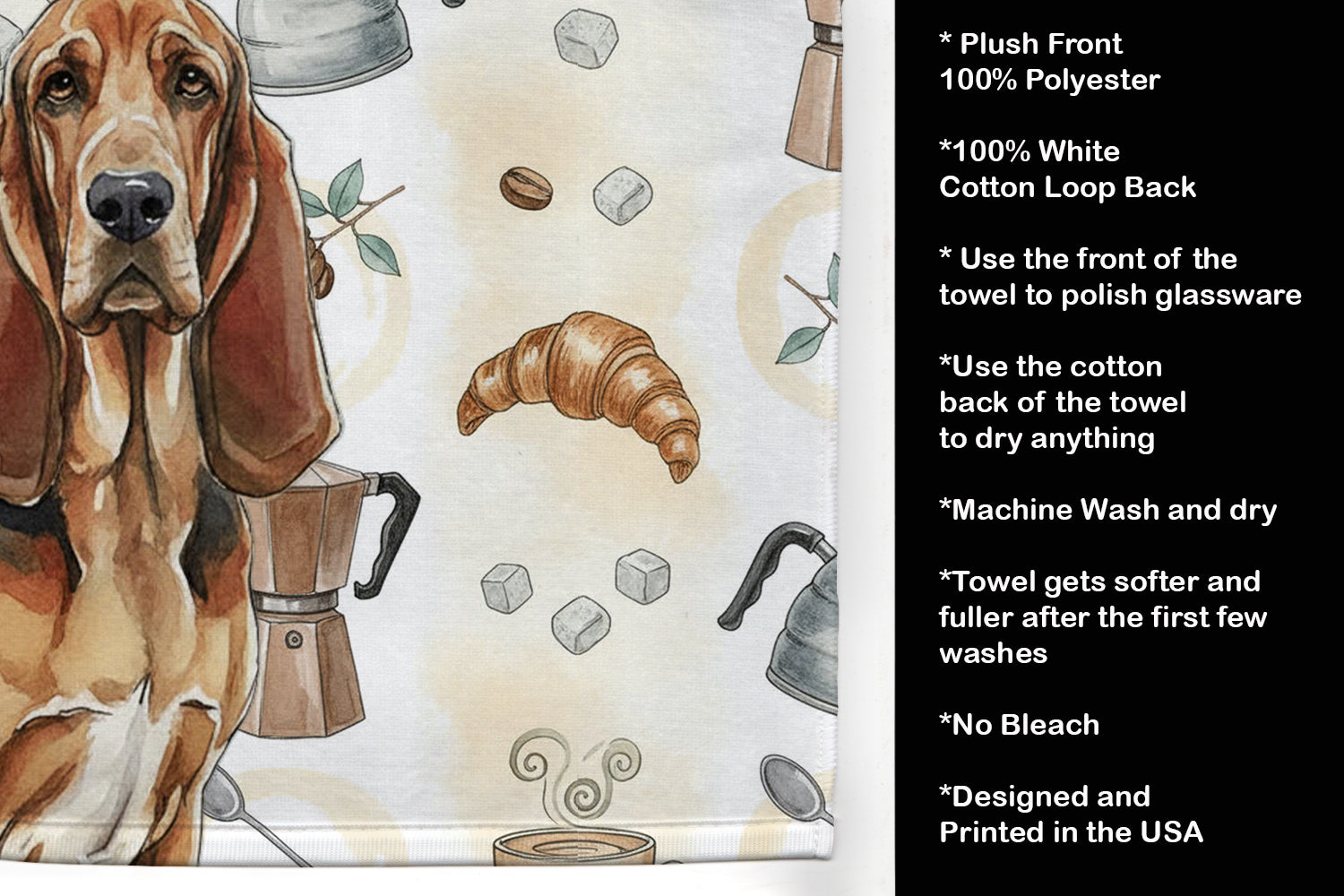 Liver and Tan Bloodhound Coffee Bar Kitchen Towel Velour Plush Front and Cotton Loop Back Machine Washable