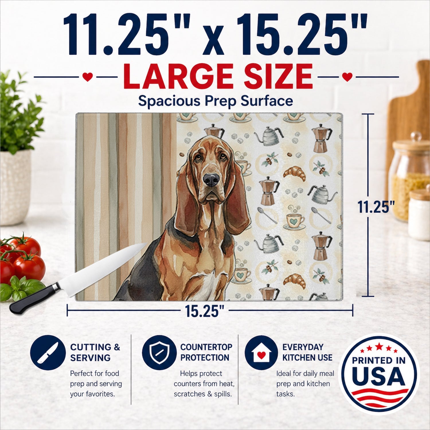 Liver and Tan Bloodhound Coffee Bar Cutting Board Tempered Glass Kitchen Cutting Surface, Heat Resistant Chopping, Non-Slip Feet, Food Prep & Serving
