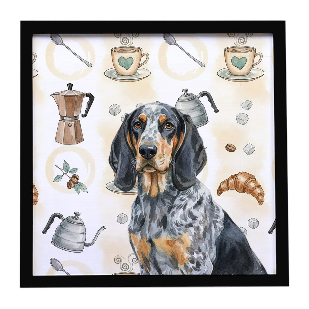 Bluetick Coonhound Coffee Bar Framed Metal Print Bathroom, Kitchen, Office, Home Decor Wall Art Ready to Hang, Square, 8X8