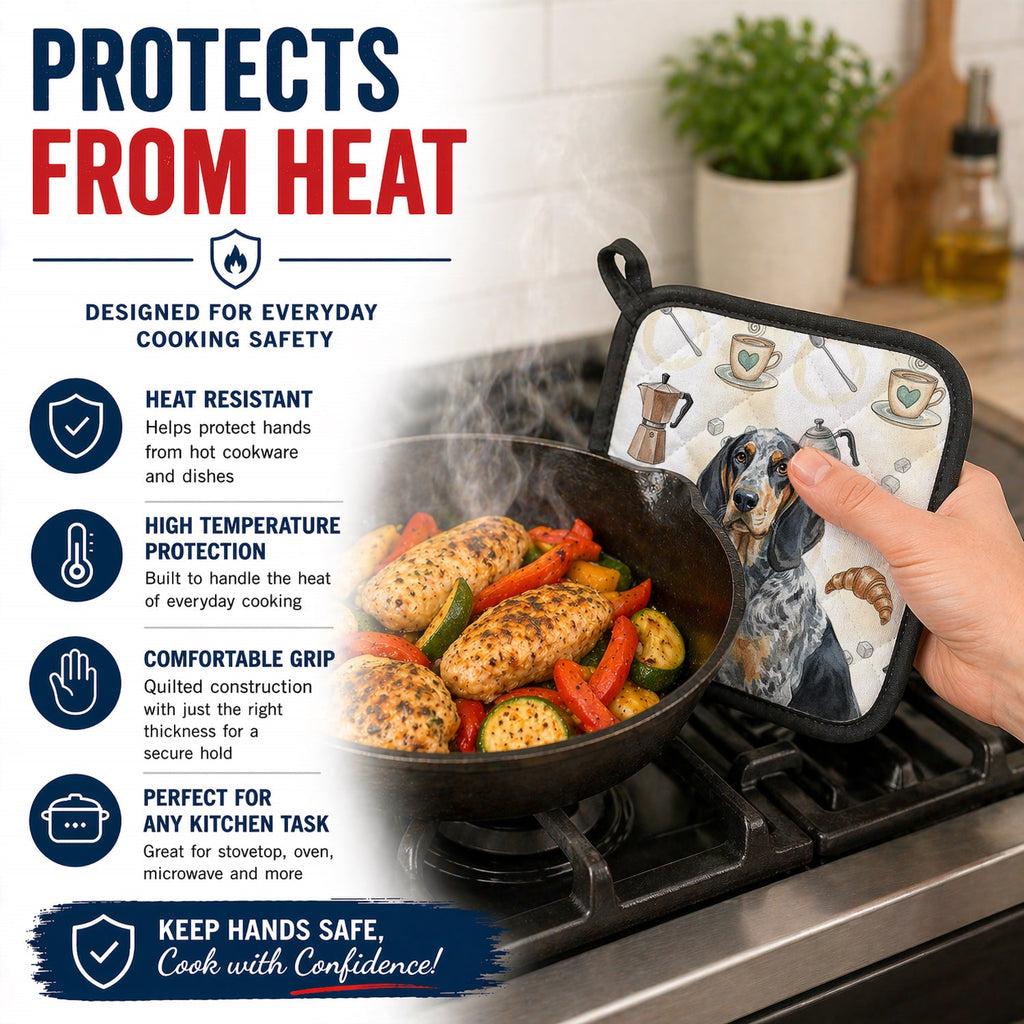 Bluetick Coonhound Coffee Bar Pot Holder Set of 2 Heat Resistant Quilted Hot Pads 7.5 x 7.5 Inch, Insulated Kitchen Trivets for Cooking & Baking