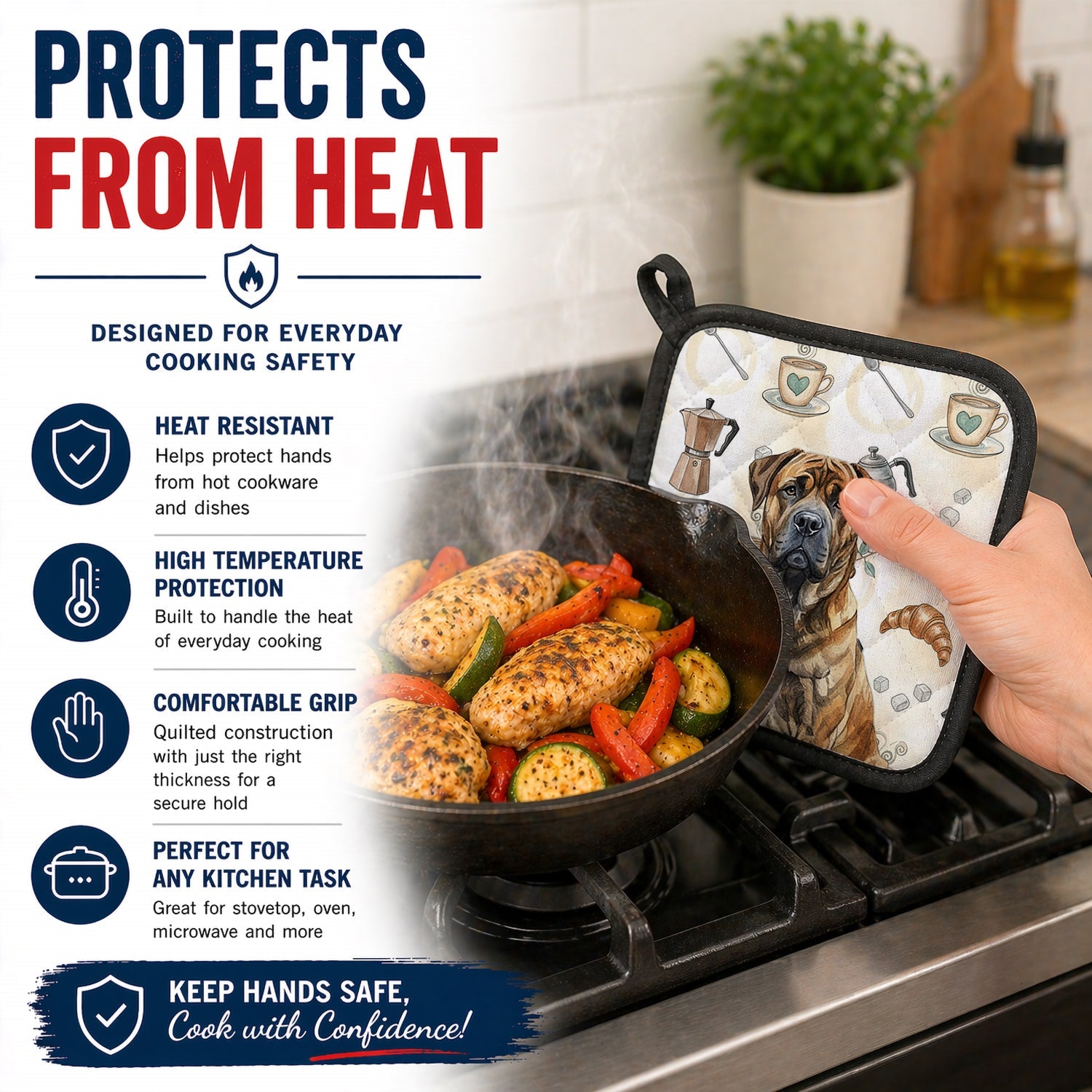 Brindle Boerboel Coffee Bar Pot Holder Set of 2 Heat Resistant Quilted Hot Pads 7.5 x 7.5 Inch, Insulated Kitchen Trivets for Cooking & Baking