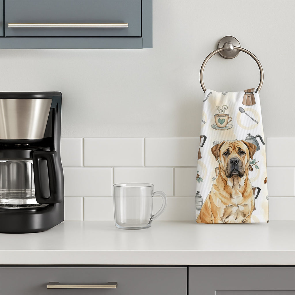 Fawn Boerboel Coffee Bar Kitchen Towel Velour Plush Front and Cotton Loop Back Machine Washable