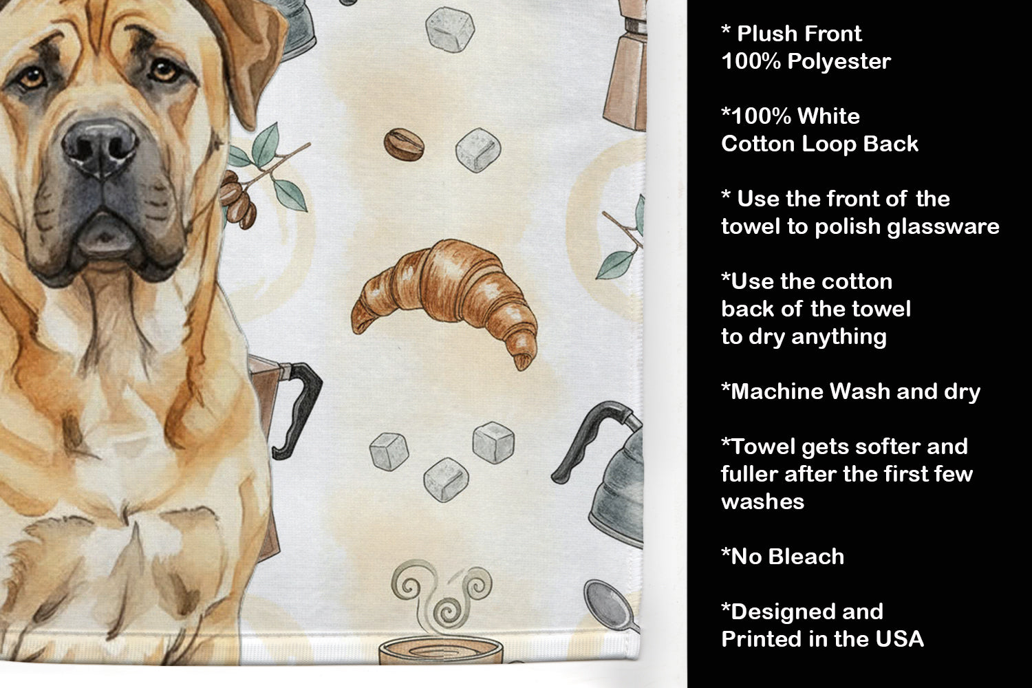 Fawn Boerboel Coffee Bar Kitchen Towel Velour Plush Front and Cotton Loop Back Machine Washable