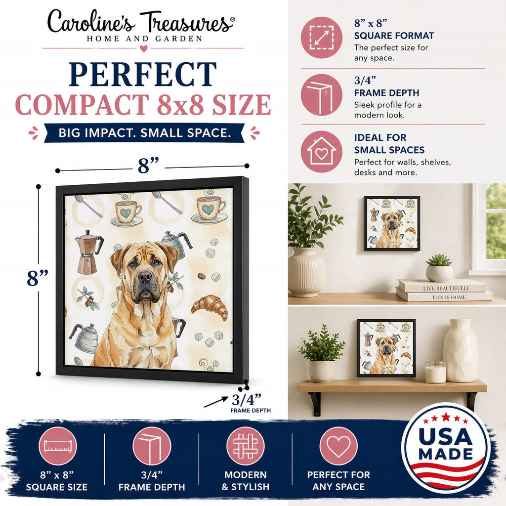 Fawn Boerboel Coffee Bar Framed Metal Print Bathroom, Kitchen, Office, Home Decor Wall Art Ready to Hang, Square, 8X8
