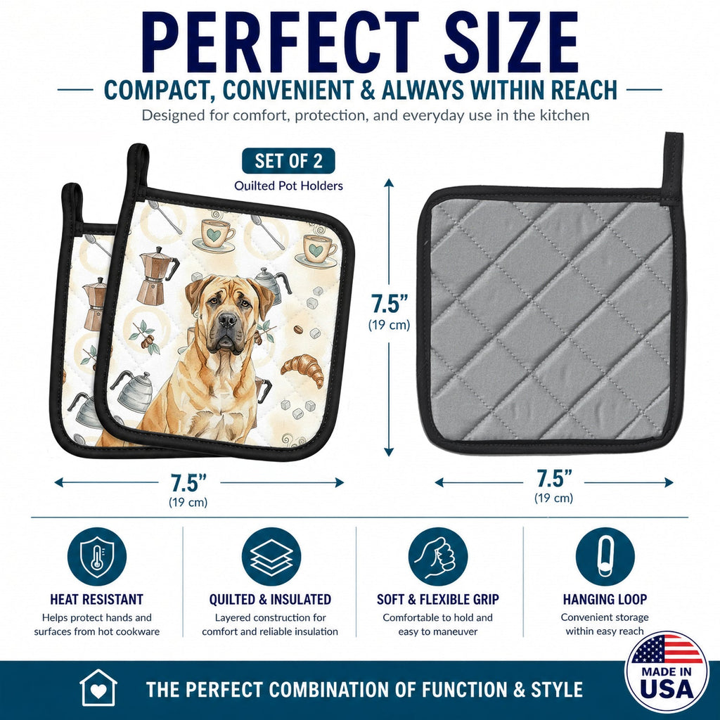 Fawn Boerboel Coffee Bar Pot Holder Set of 2 Heat Resistant Quilted Hot Pads 7.5 x 7.5 Inch, Insulated Kitchen Trivets for Cooking & Baking