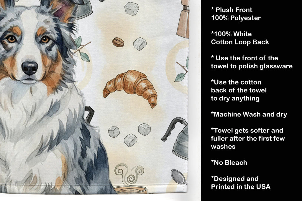 Blue Merle Border Collie Coffee Bar Kitchen Towel Velour Plush Front and Cotton Loop Back Machine Washable