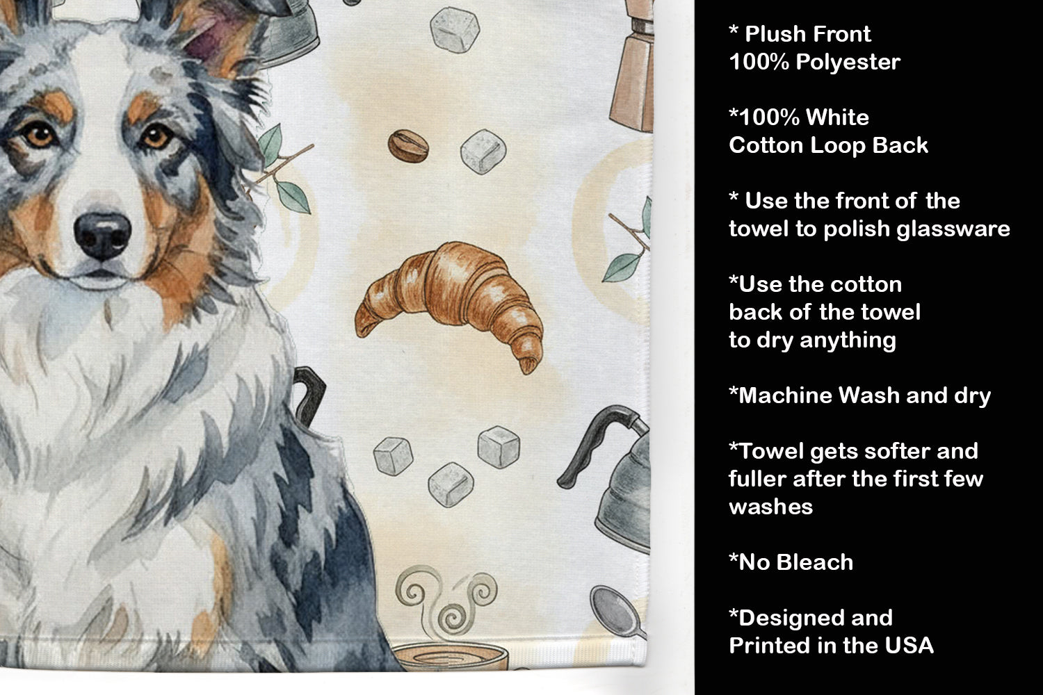 Blue Merle Border Collie Coffee Bar Kitchen Towel Velour Plush Front and Cotton Loop Back Machine Washable