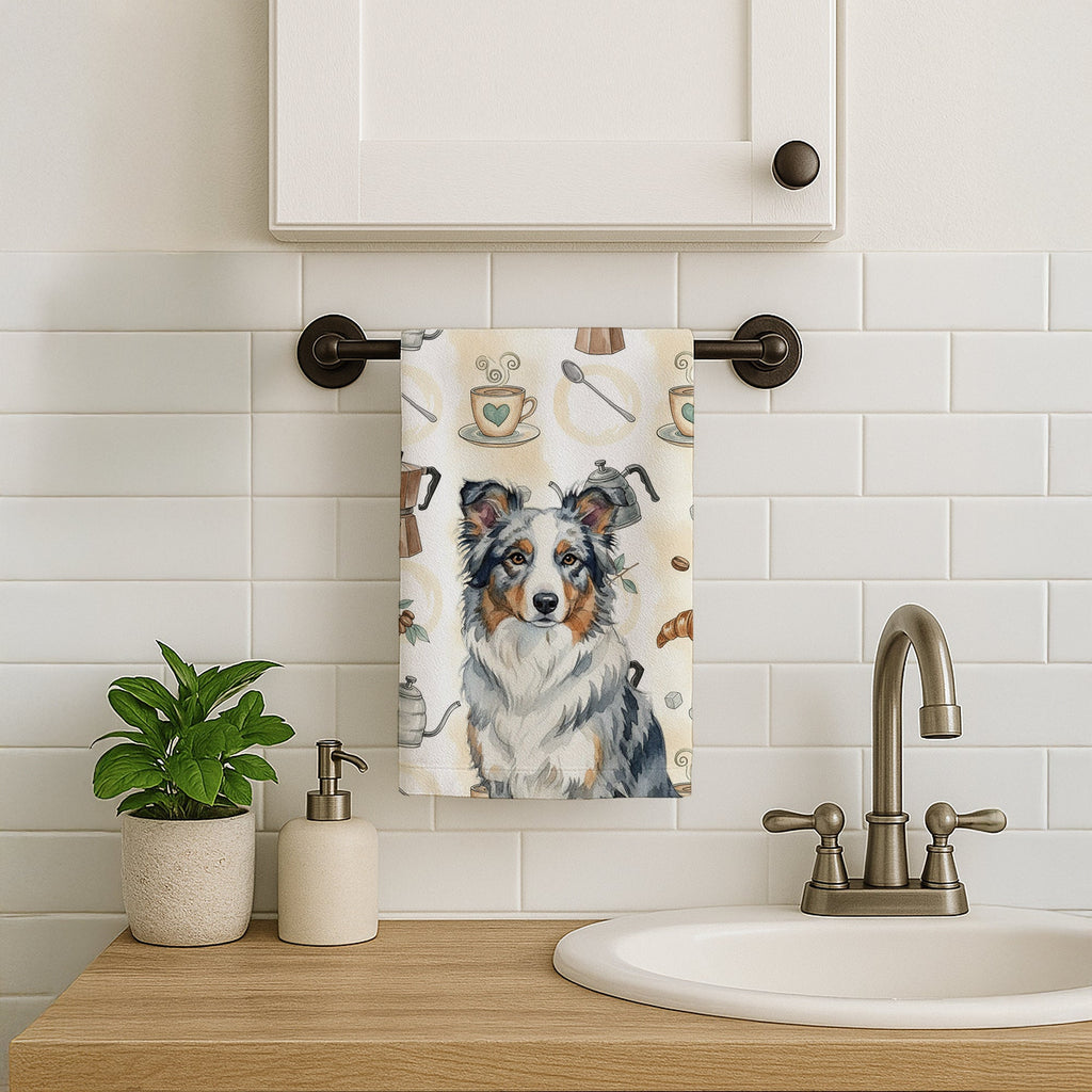 Blue Merle Border Collie Coffee Bar Kitchen Towel Velour Plush Front and Cotton Loop Back Machine Washable