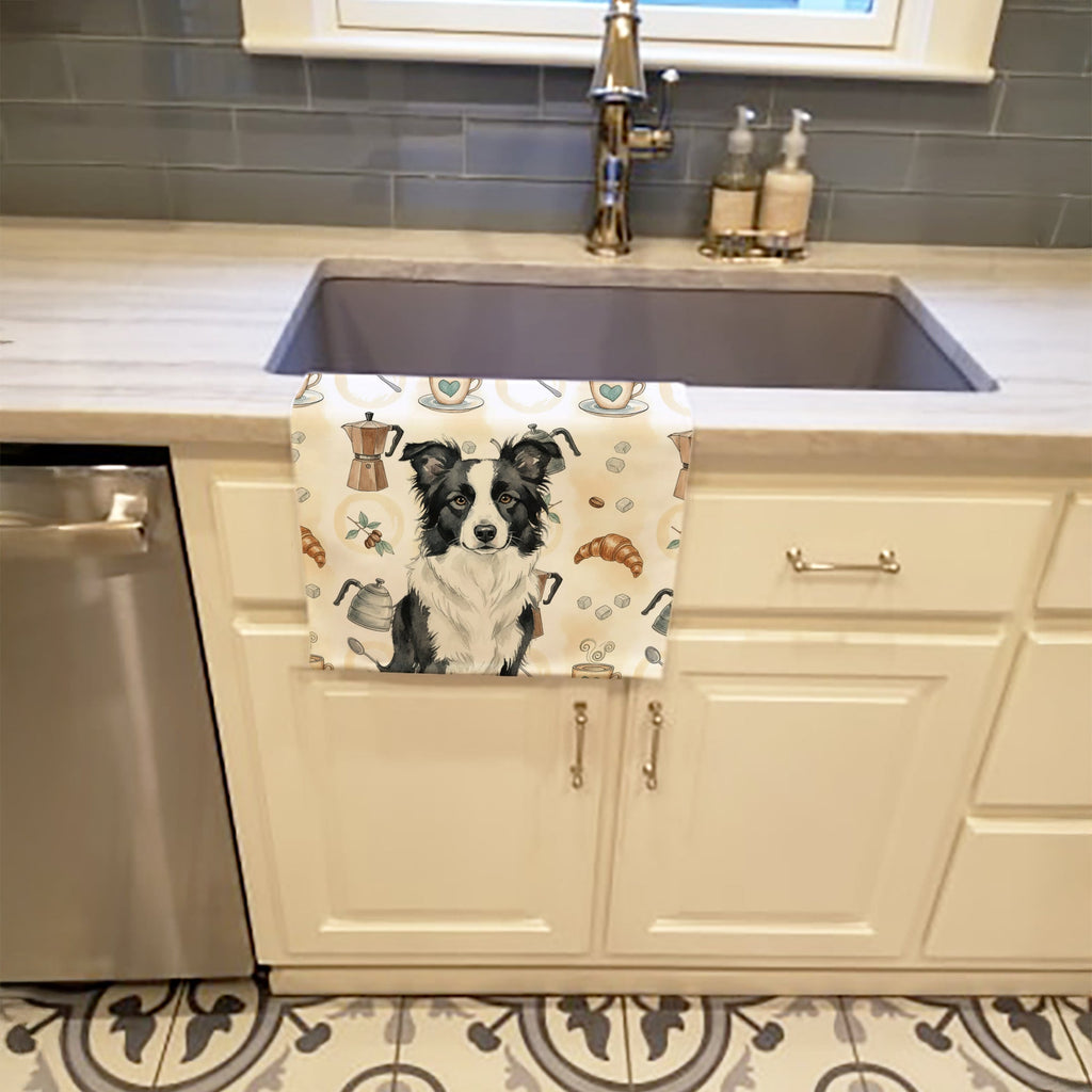 Border Collie Coffee Bar Kitchen Towel Velour Plush Front and Cotton Loop Back Machine Washable