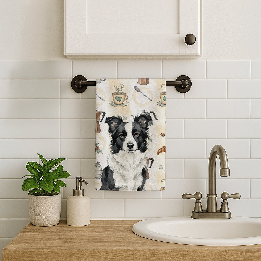 Border Collie Coffee Bar Kitchen Towel Velour Plush Front and Cotton Loop Back Machine Washable