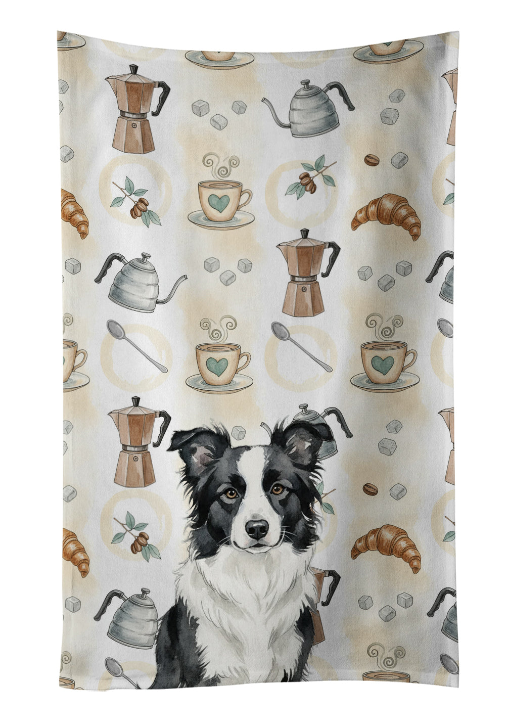 Border Collie Coffee Bar Kitchen Towel Velour Plush Front and Cotton Loop Back Machine Washable