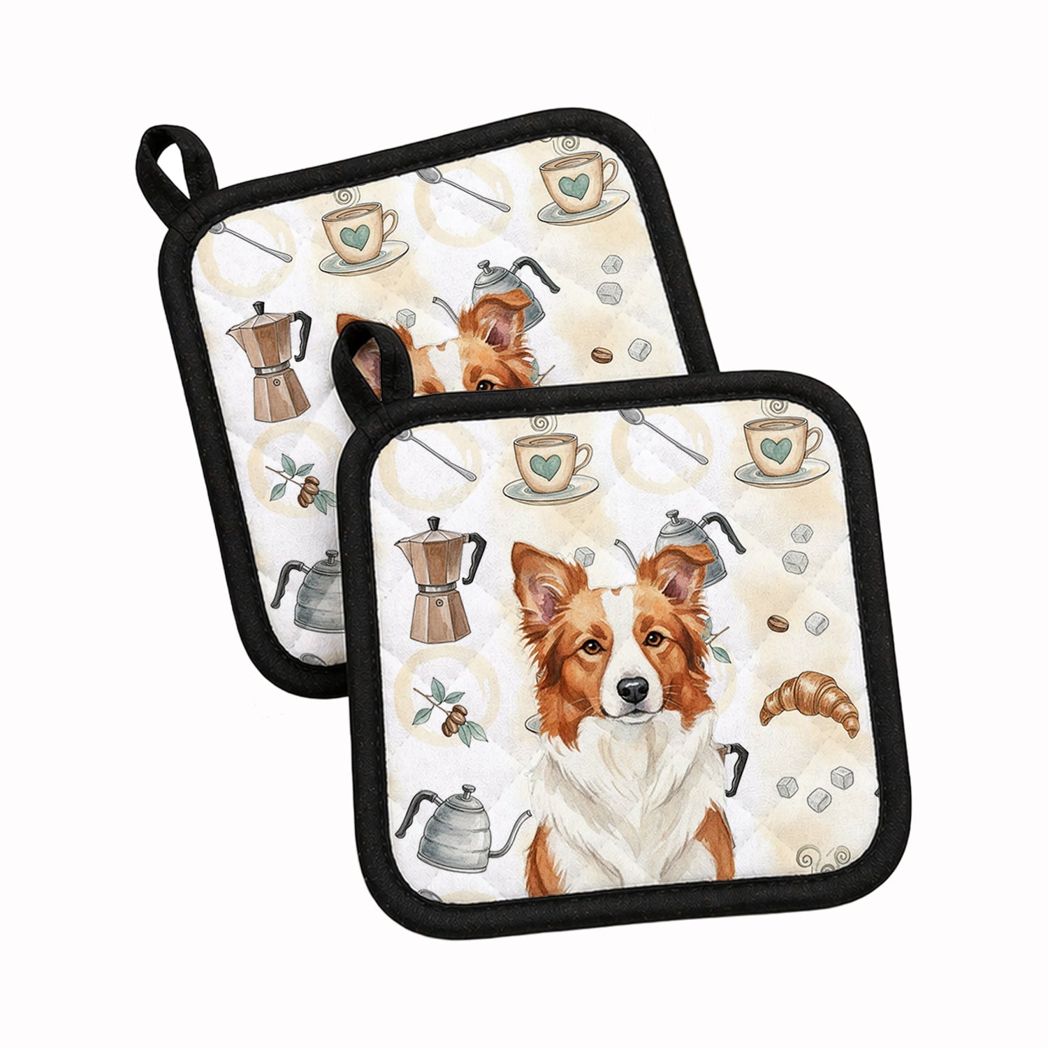 Red and White Border Collie Coffee Bar Pot Holder Set of 2 Heat Resistant Quilted Hot Pads 7.5 x 7.5 Inch, Insulated Kitchen Trivets for Cooking & Baking