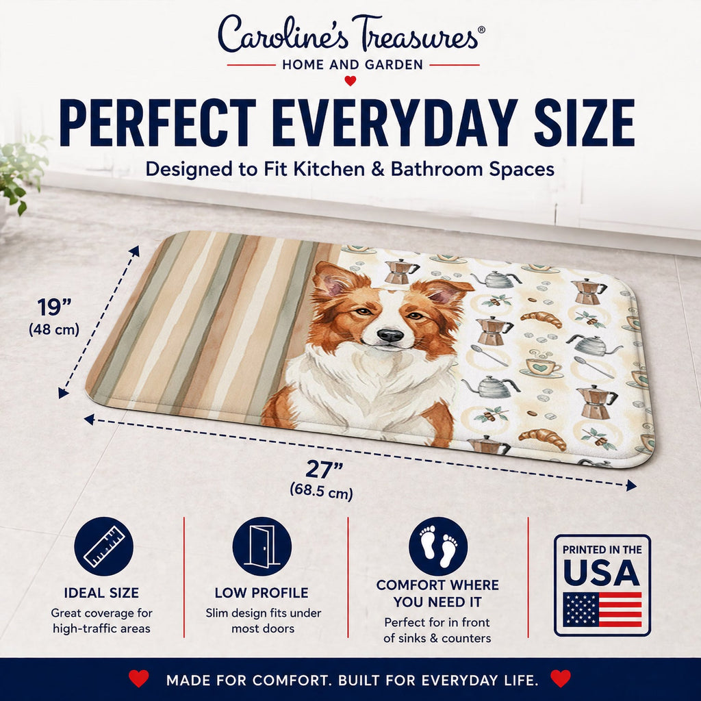 Red and White Border Collie Coffee Bar Memory Foam Kitchen Mat Machine Washable Anti-Fatigue Cushion Comfort Bath or Kitchen Rug