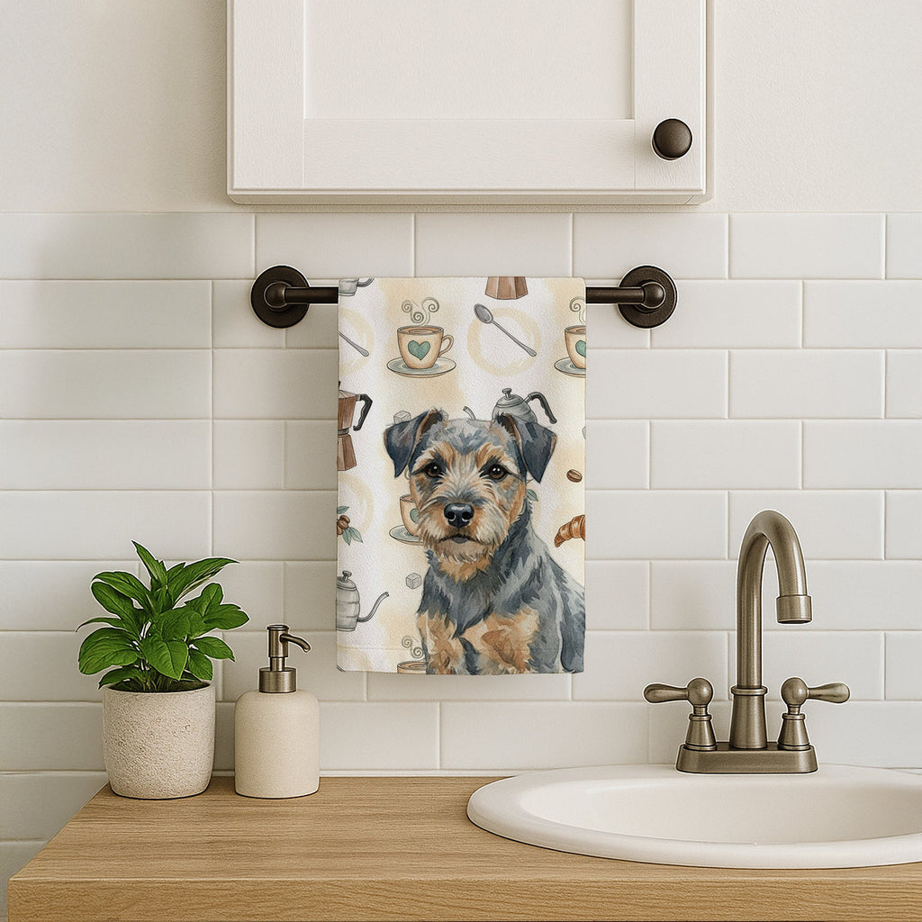 Blue and Tan Border Terrier Coffee Bar Kitchen Towel Velour Plush Front and Cotton Loop Back Machine Washable