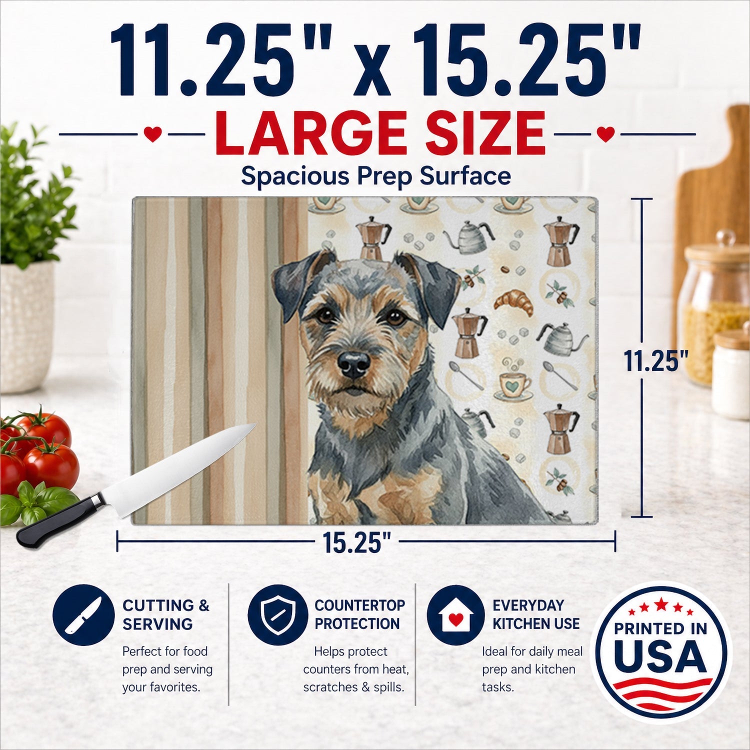 Blue and Tan Border Terrier Coffee Bar Cutting Board Tempered Glass Kitchen Cutting Surface, Heat Resistant Chopping, Non-Slip Feet, Food Prep & Serving