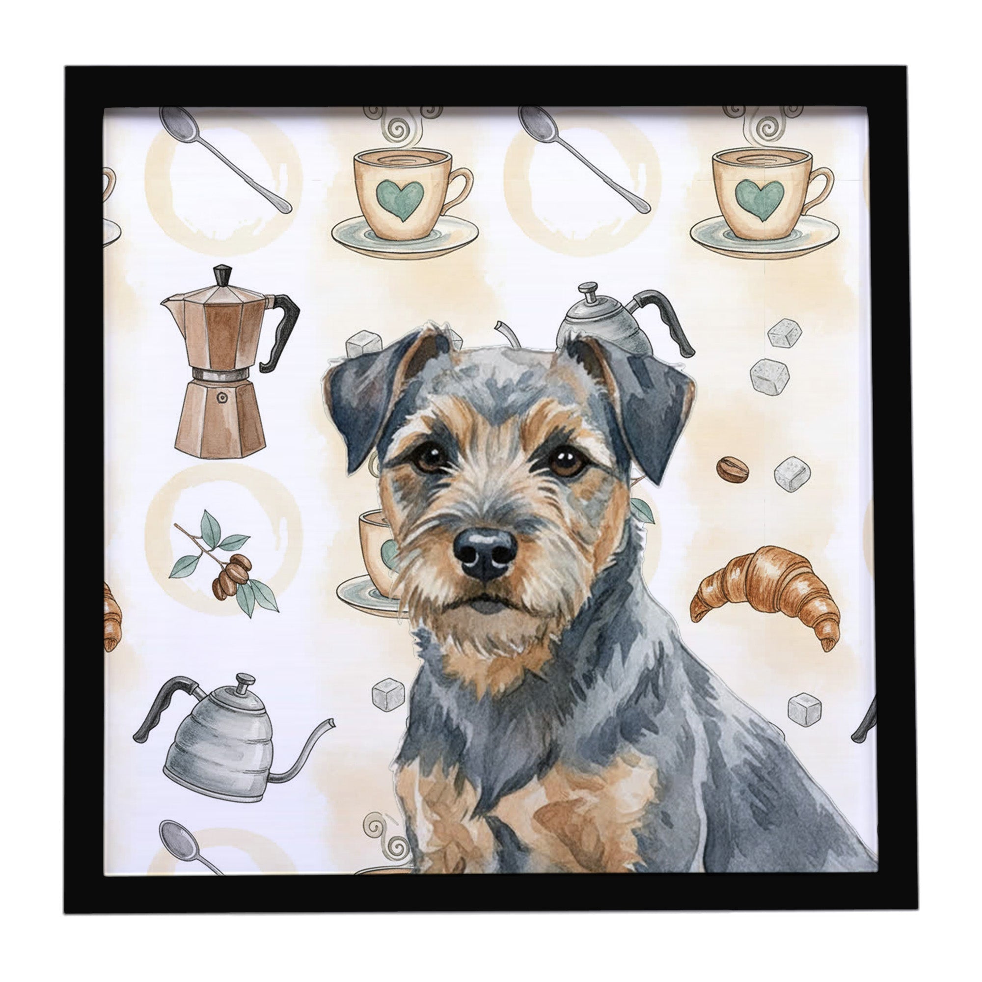 Blue and Tan Border Terrier Coffee Bar Framed Metal Print Bathroom, Kitchen, Office, Home Decor Wall Art Ready to Hang, Square, 8X8