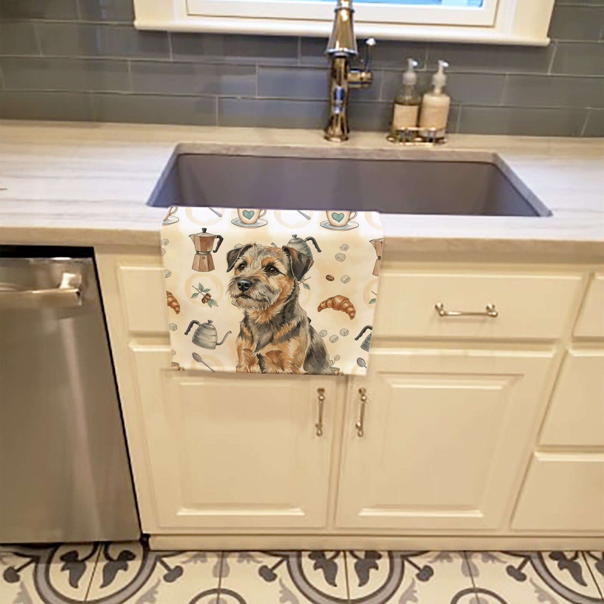 Grizzle and Tan Border Terrier Coffee Bar Kitchen Towel Velour Plush Front and Cotton Loop Back Machine Washable