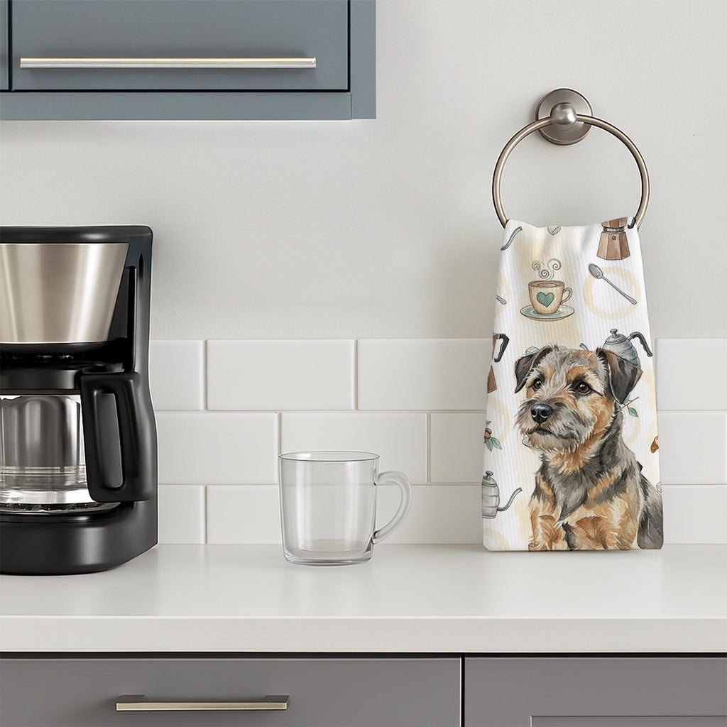 Grizzle and Tan Border Terrier Coffee Bar Kitchen Towel Velour Plush Front and Cotton Loop Back Machine Washable