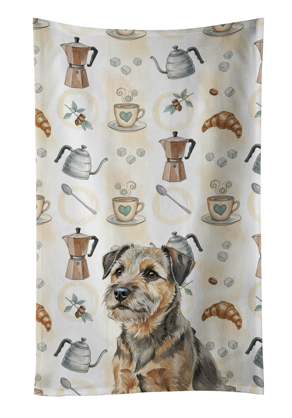 Grizzle and Tan Border Terrier Coffee Bar Kitchen Towel Velour Plush Front and Cotton Loop Back Machine Washable
