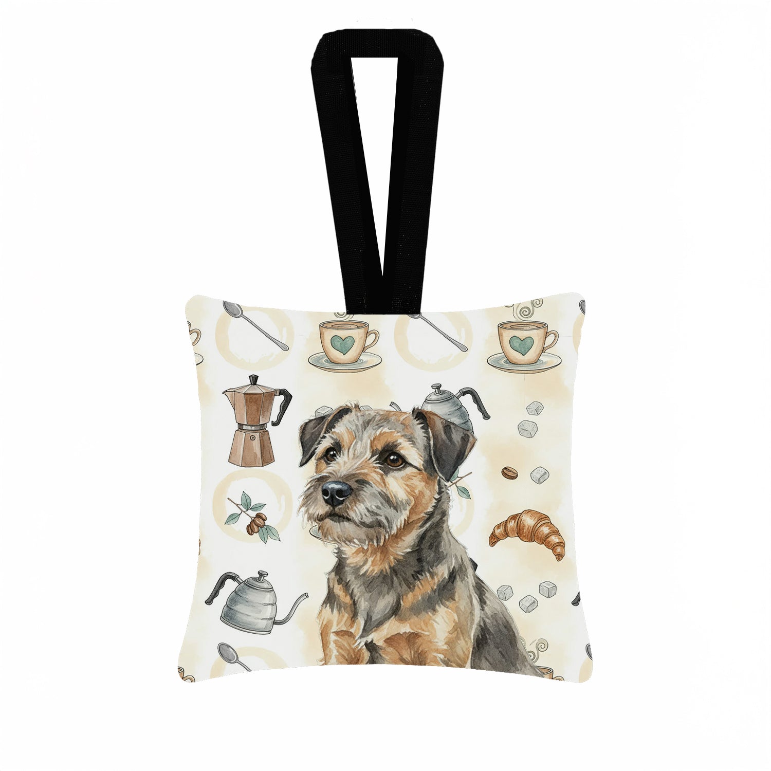 Grizzle and Tan Border Terrier Coffee Bar Hanging Square Fabric Ornament 3.5 � 3.5 Decorative Door-Knob & Tree Hanger, Soft Fabric