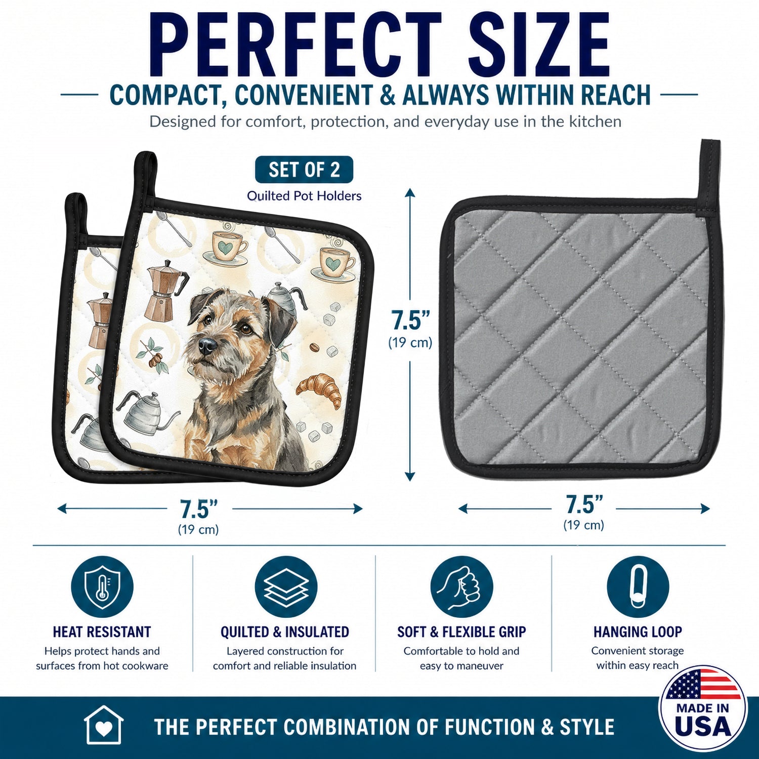 Grizzle and Tan Border Terrier Coffee Bar Pot Holder Set of 2 Heat Resistant Quilted Hot Pads 7.5 x 7.5 Inch, Insulated Kitchen Trivets for Cooking & Baking