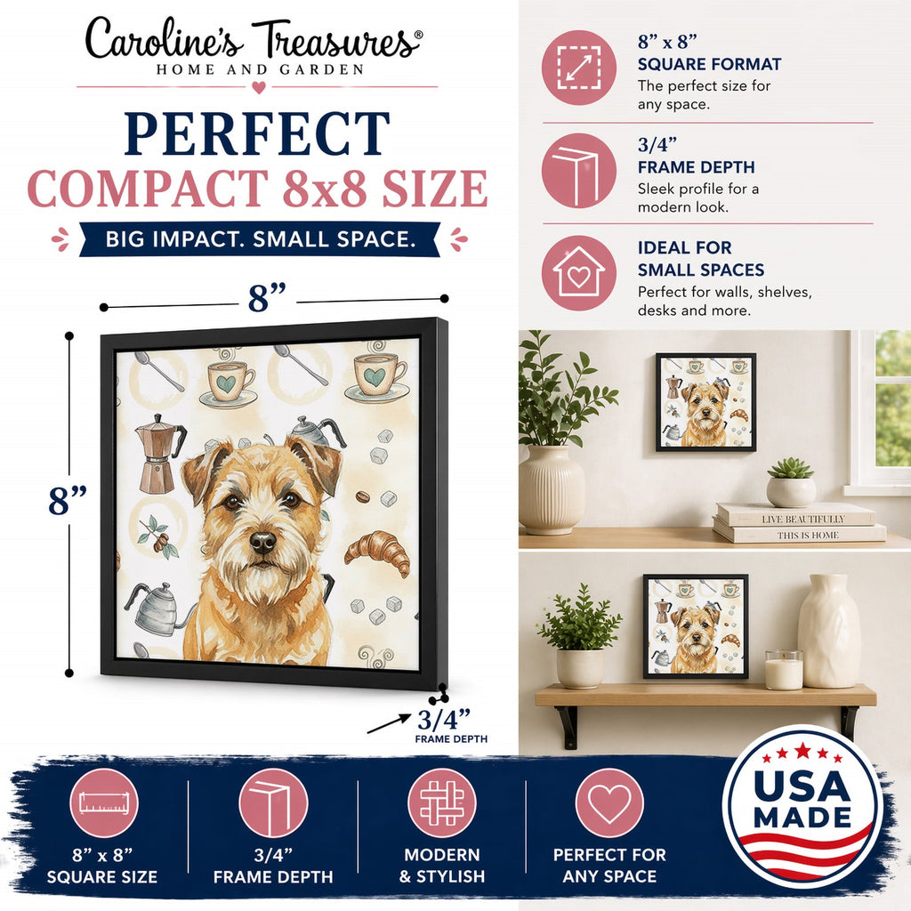 Wheaten Border Terrier Coffee Bar Framed Metal Print Bathroom, Kitchen, Office, Home Decor Wall Art Ready to Hang, Square, 8X8