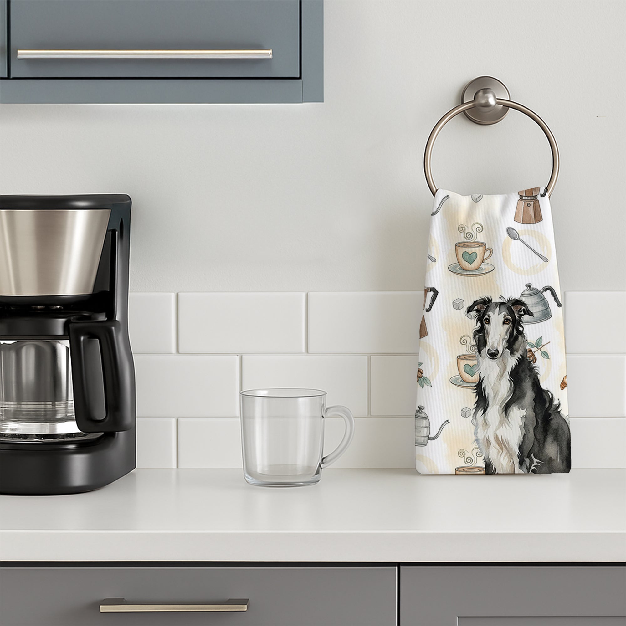 Black and White Borzoi Coffee Bar Kitchen Towel Velour Plush Front and Cotton Loop Back Machine Washable