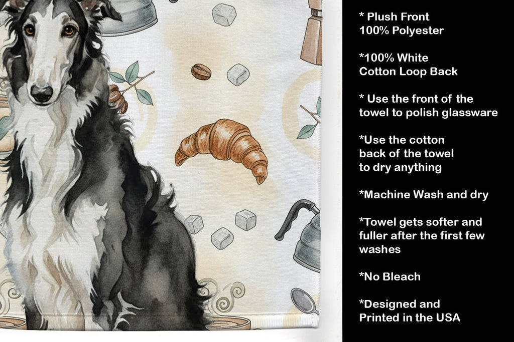 Black and White Borzoi Coffee Bar Kitchen Towel Velour Plush Front and Cotton Loop Back Machine Washable