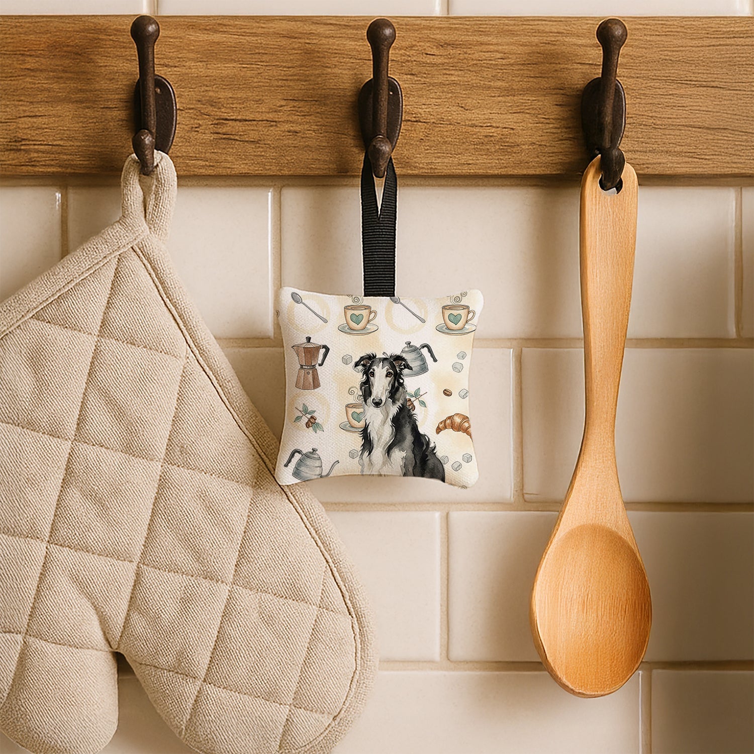 Black and White Borzoi Coffee Bar Hanging Square Fabric Ornament 3.5 � 3.5 Decorative Door-Knob & Tree Hanger, Soft Fabric