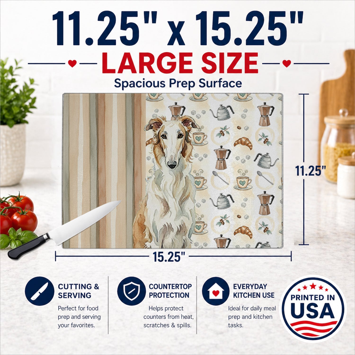 Borzoi Coffee Bar Cutting Board Tempered Glass Kitchen Cutting Surface, Heat Resistant Chopping, Non-Slip Feet, Food Prep & Serving