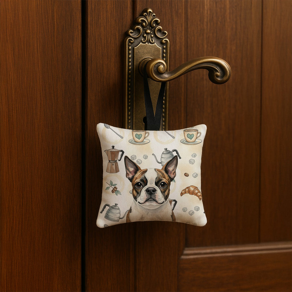Brindle Boston Terrier Coffee Bar Hanging Square Fabric Ornament 3.5 � 3.5 Decorative Door-Knob & Tree Hanger, Soft Fabric