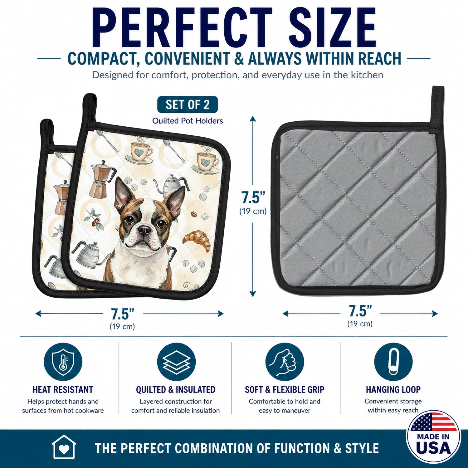 Brindle Boston Terrier Coffee Bar Pot Holder Set of 2 Heat Resistant Quilted Hot Pads 7.5 x 7.5 Inch, Insulated Kitchen Trivets for Cooking & Baking
