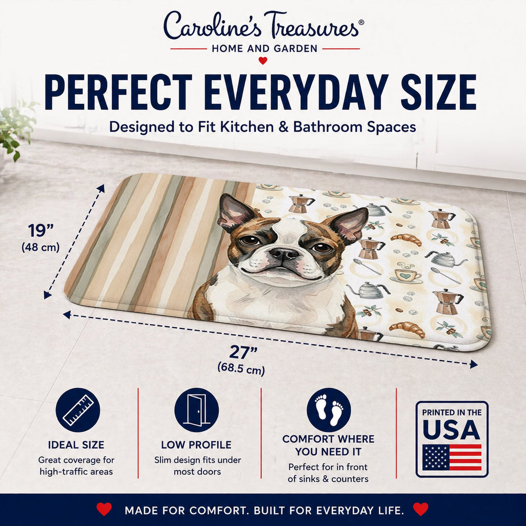 Brindle Boston Terrier Coffee Bar Memory Foam Kitchen Mat Machine Washable Anti-Fatigue Cushion Comfort Bath or Kitchen Rug