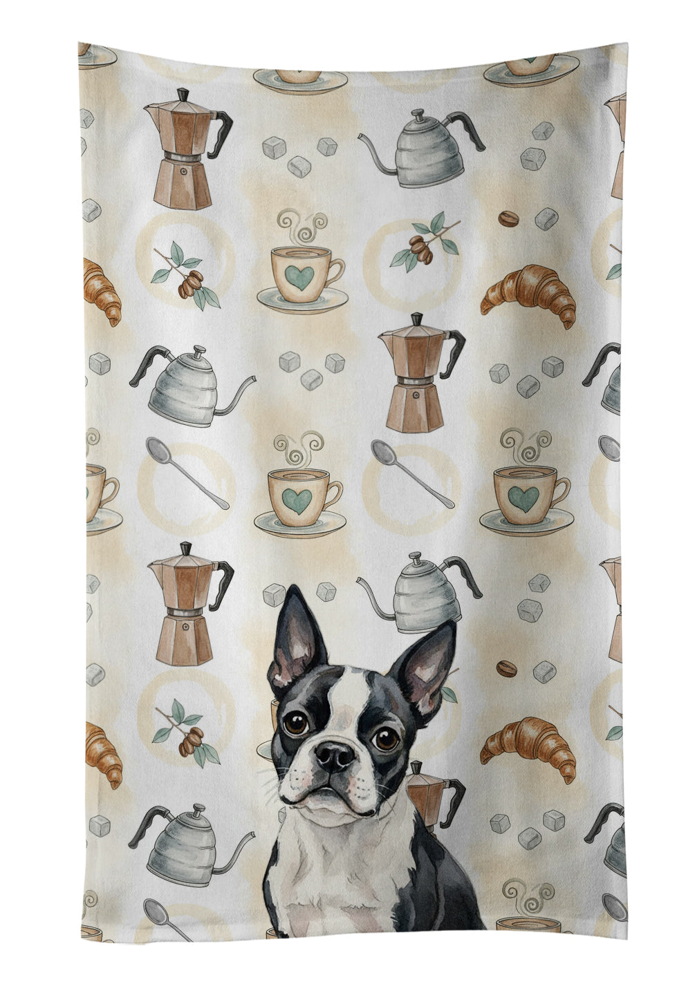 Boston Terrier Coffee Bar Kitchen Towel Velour Plush Front and Cotton Loop Back Machine Washable