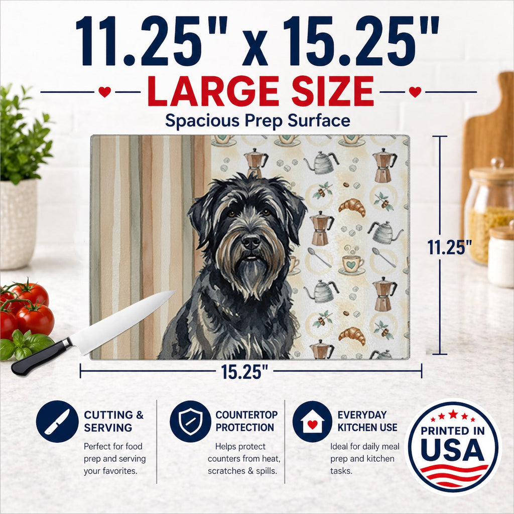 Bouvier des Flandres Coffee Bar Cutting Board Tempered Glass Kitchen Cutting Surface, Heat Resistant Chopping, Non-Slip Feet, Food Prep & Serving