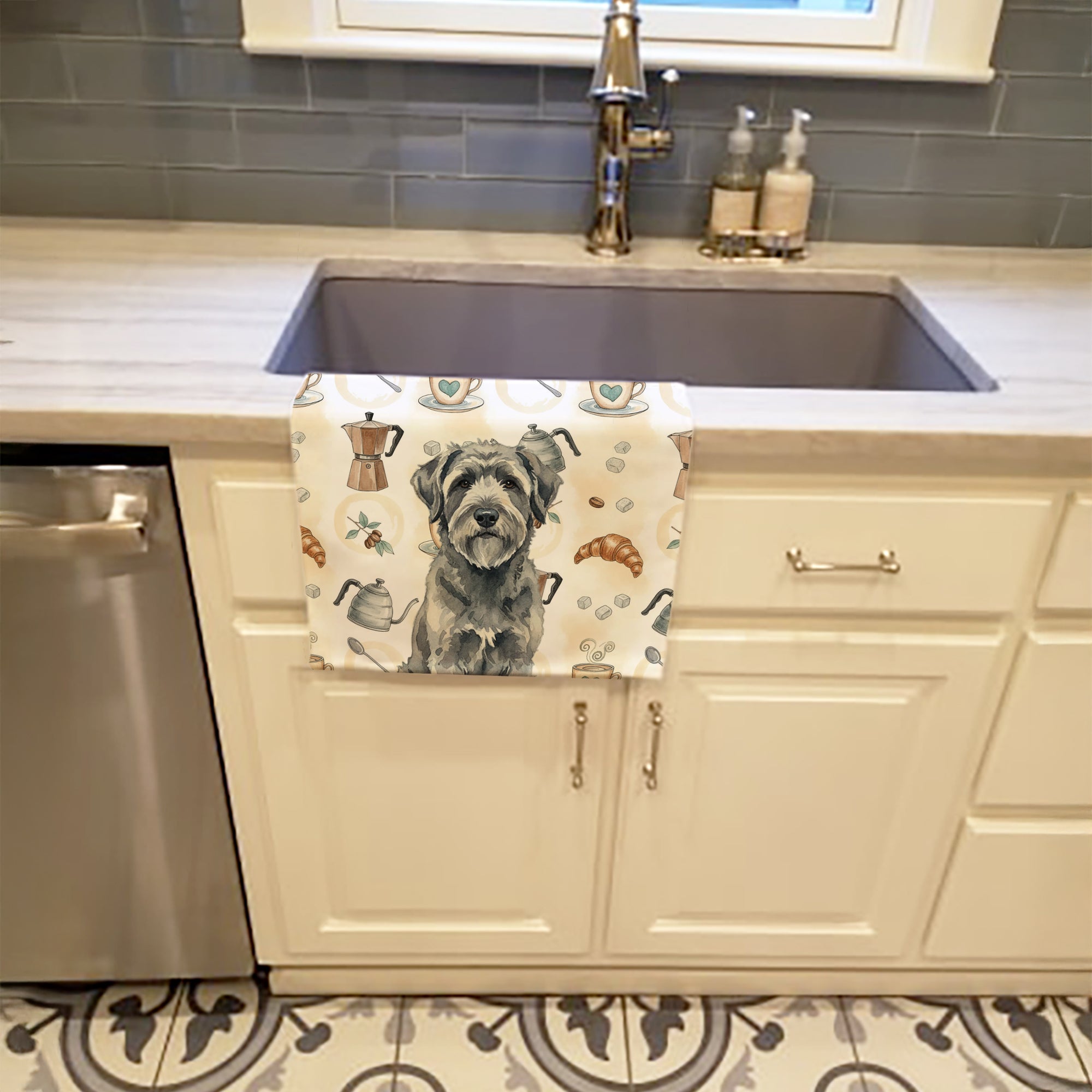Gray Bouvier des Flandres Coffee Bar Kitchen Towel Velour Plush Front and Cotton Loop Back Machine Washable