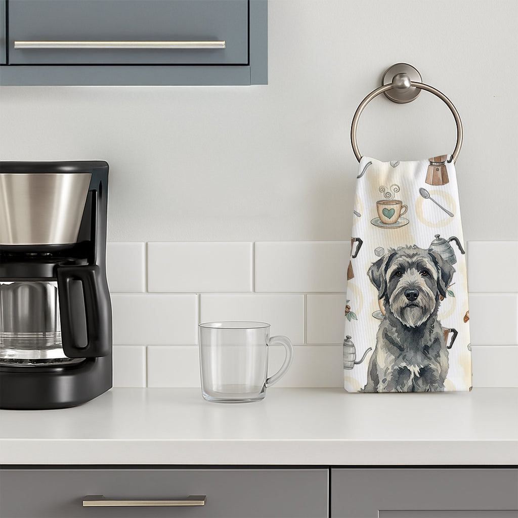Gray Bouvier des Flandres Coffee Bar Kitchen Towel Velour Plush Front and Cotton Loop Back Machine Washable