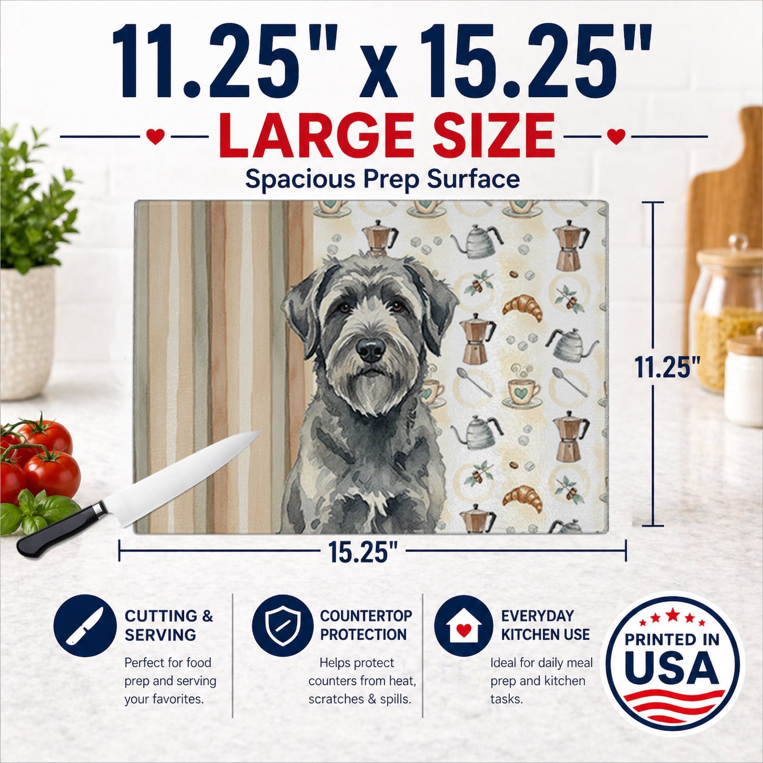 Gray Bouvier des Flandres Coffee Bar Cutting Board Tempered Glass Kitchen Cutting Surface, Heat Resistant Chopping, Non-Slip Feet, Food Prep & Serving