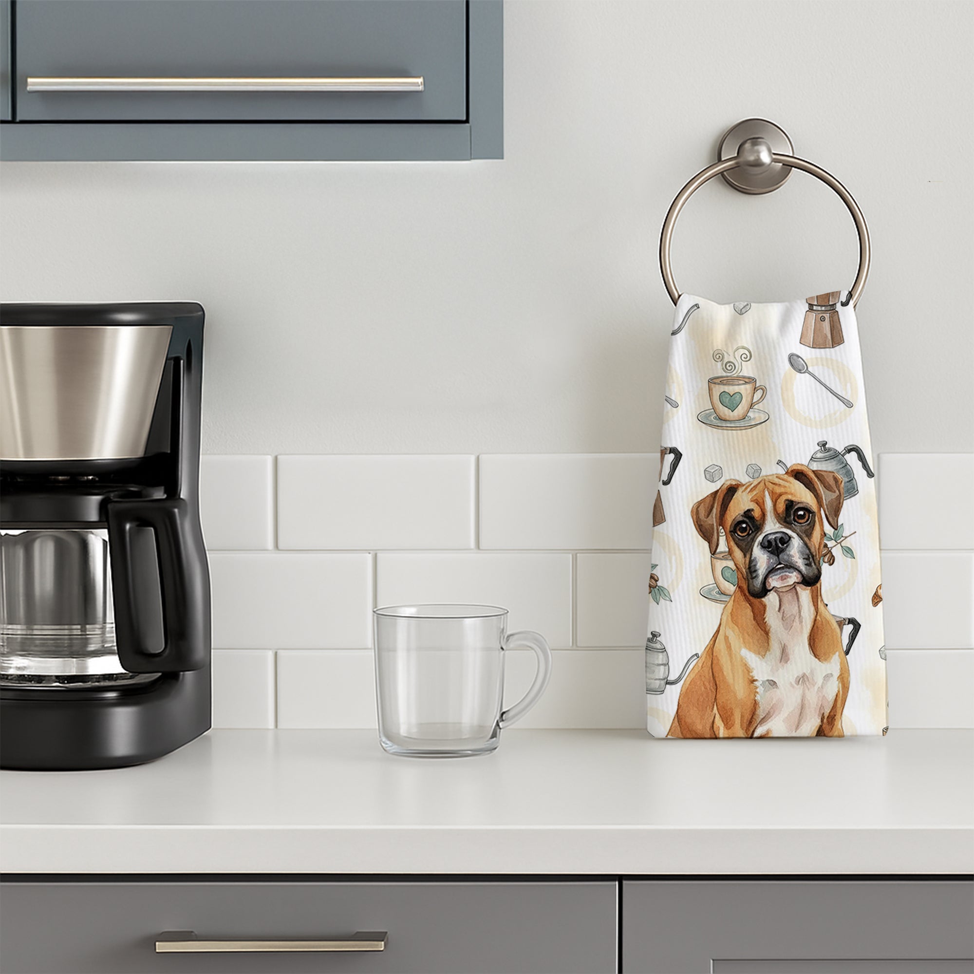 Boxer Coffee Bar Kitchen Towel Velour Plush Front and Cotton Loop Back Machine Washable