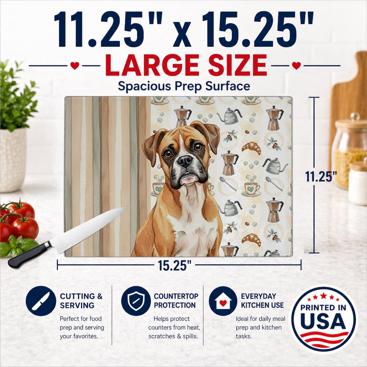 Boxer Coffee Bar Cutting Board Tempered Glass Kitchen Cutting Surface, Heat Resistant Chopping, Non-Slip Feet, Food Prep & Serving